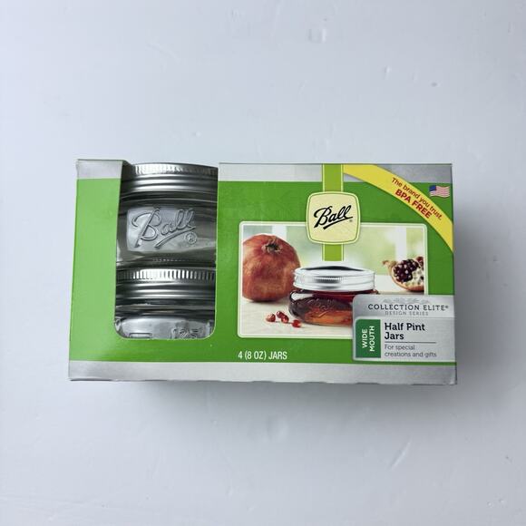 Ball Wide Mouth Elite Collection 4 Canning Jars Half Pint 8 Ounce w/Lids Mason B - Picture 1 of 4